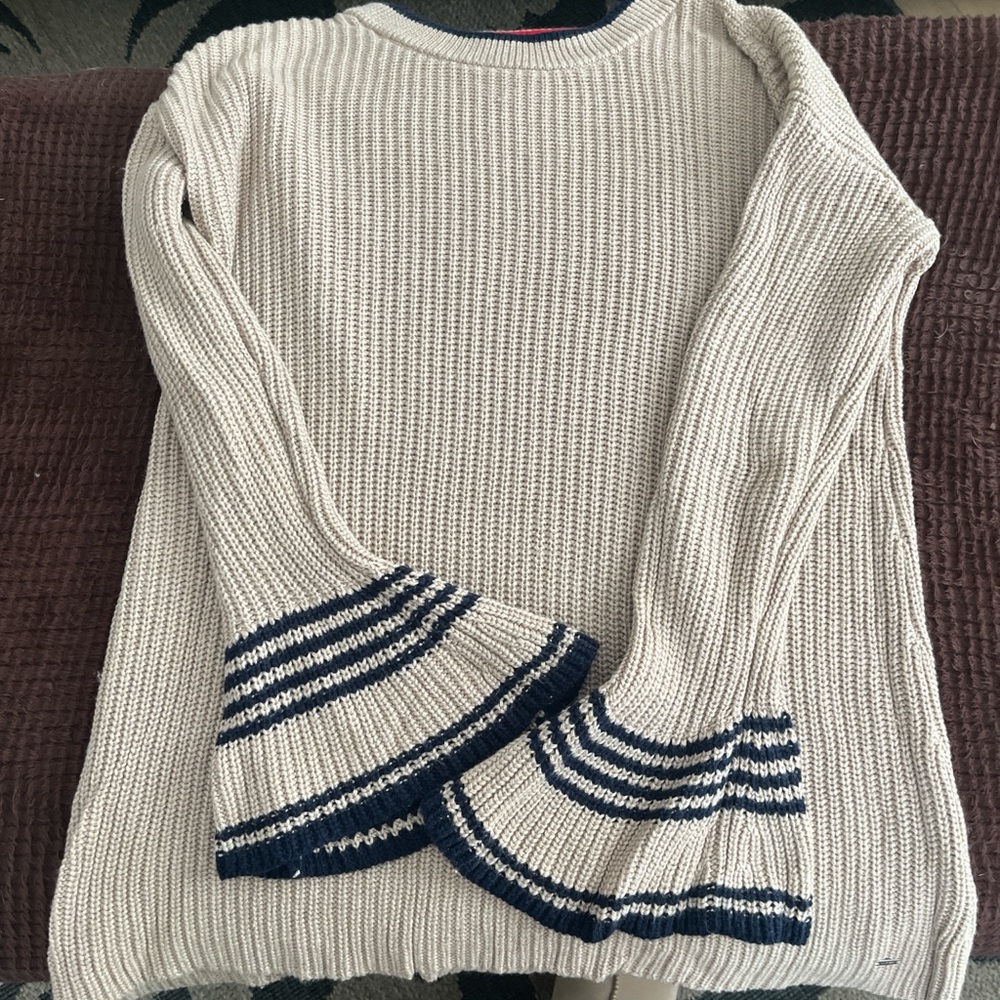Tommy Hilfiger Tan Knit Sweater with Navy Stripe Bell Cuffs